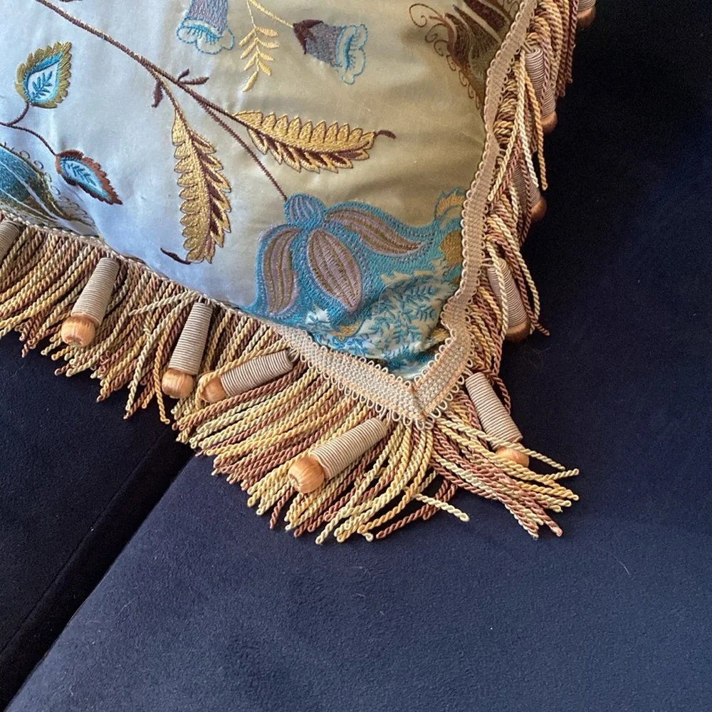 NWT Z Gallerie Silk Velvet Embroidered Throw Pillow 24x24 Blue Floral Fringe